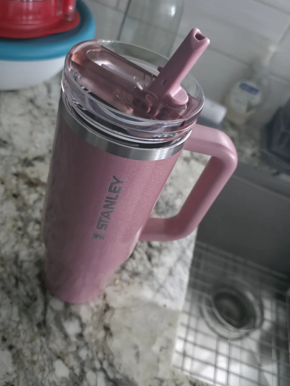 Stanley Sparkle Pink Travel Mug with Handle and Straw